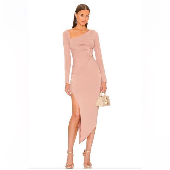Michael Costello x Revolve Ansel Midi Dress Nude Neutral Cut Out Stretch S flaw - Picture 1 of 13